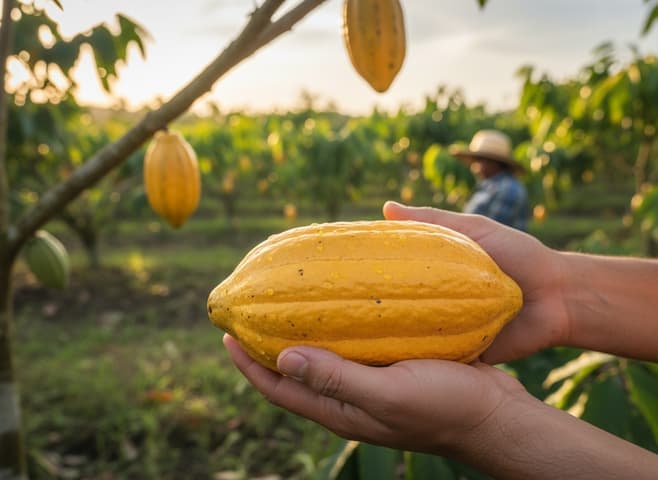 Farmer holding cocoa pod