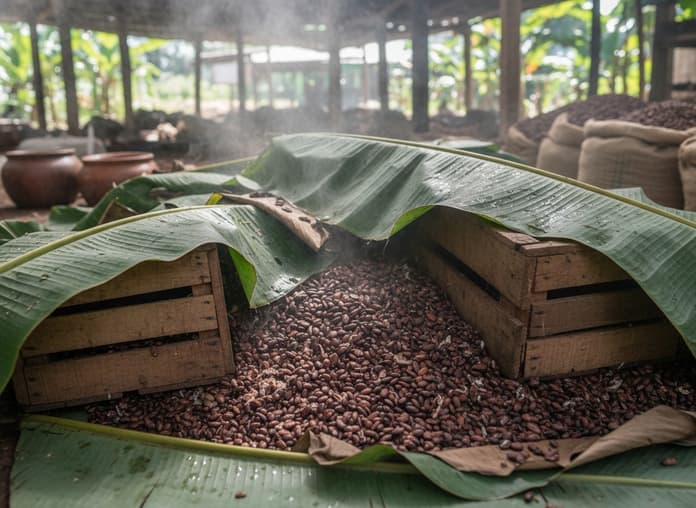 Cocoa beans fermenting in wooden boxes