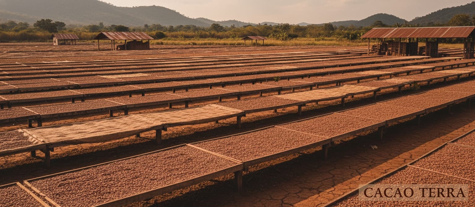 Cocoa farm rows with farmer working