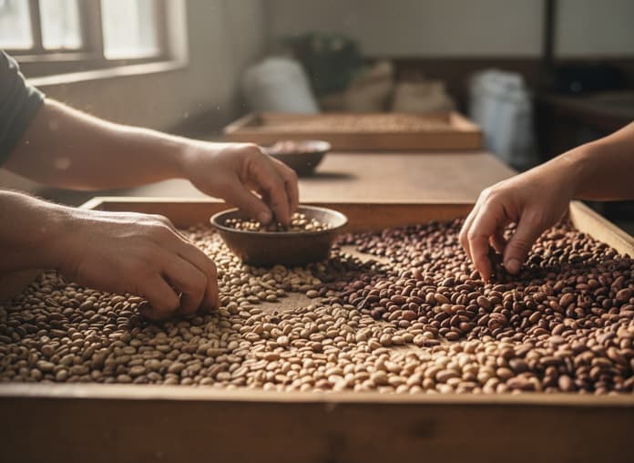 Close up of dried cocoa beans being inspected
