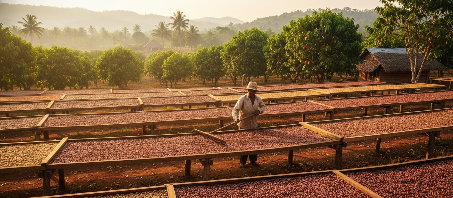 Cocoa beans drying in traditional method