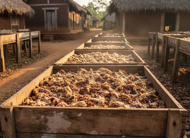 Cocoa beans fermenting in wooden boxes
