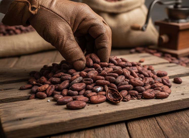 Close up of dried cocoa beans being inspected