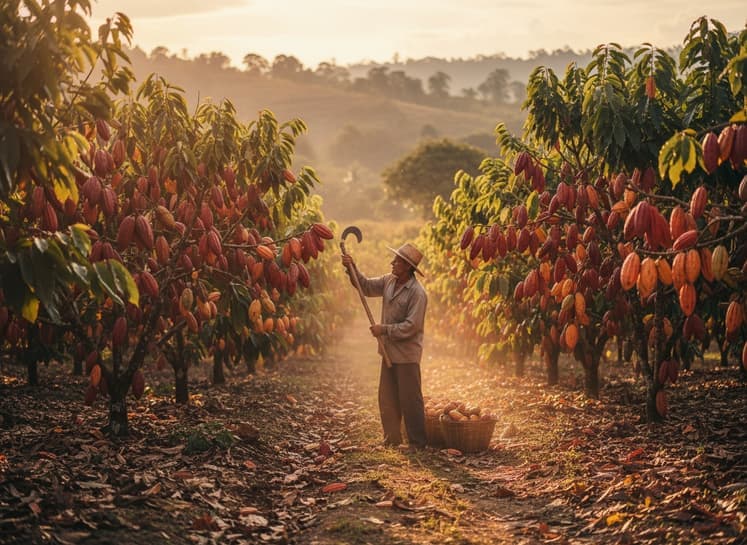 Farmer harvesting ripe cocoa pods