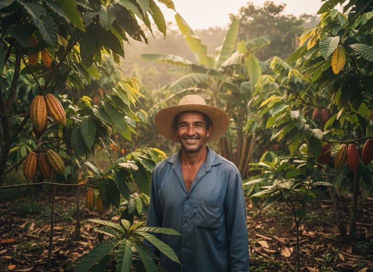 Farmer smiling on cocoa farm