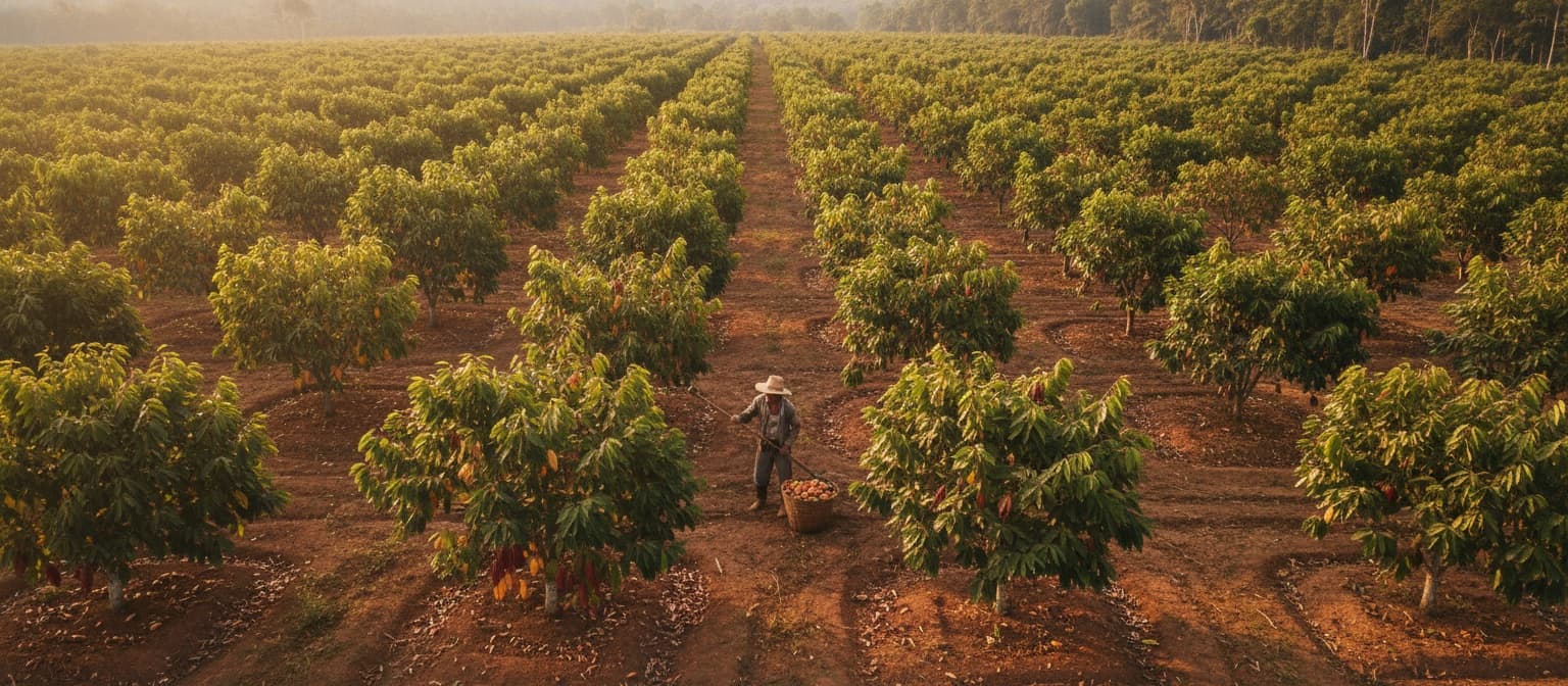 Cocoa farm rows with farmer working
