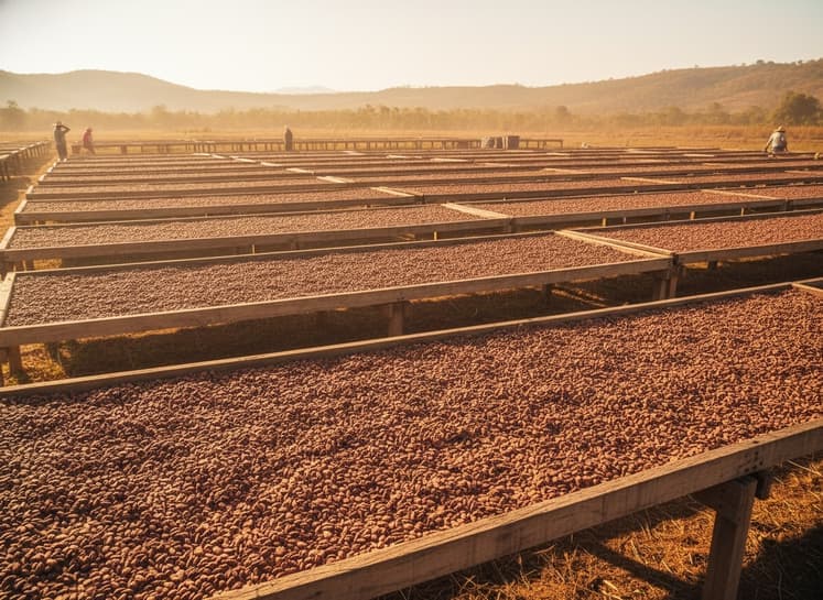 Cocoa beans drying in the sun on raised beds