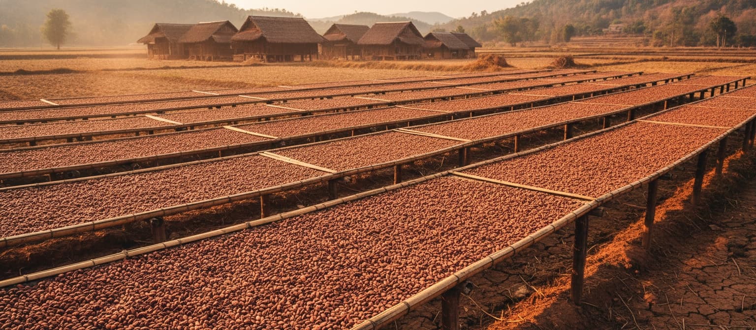 Wide view of cocoa beans drying on raised beds