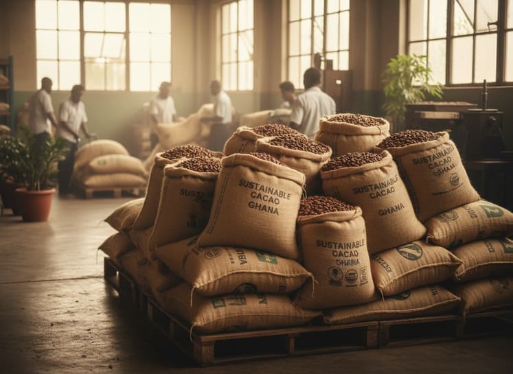 Bags of cocoa beans stacked for transport